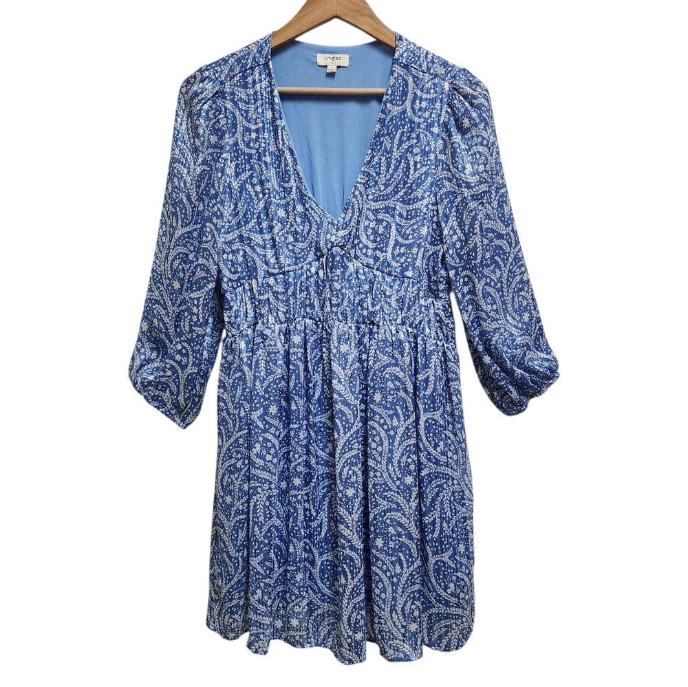 Umgee Dress Sz S Blue Paisley Metallic V Neck Shirred 3/4 Slv Mini Babydoll Boho
